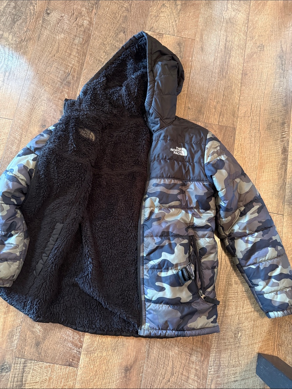 The North Face Boys' Black & Blue Camo Sherpa-Lined Puffer Jacket